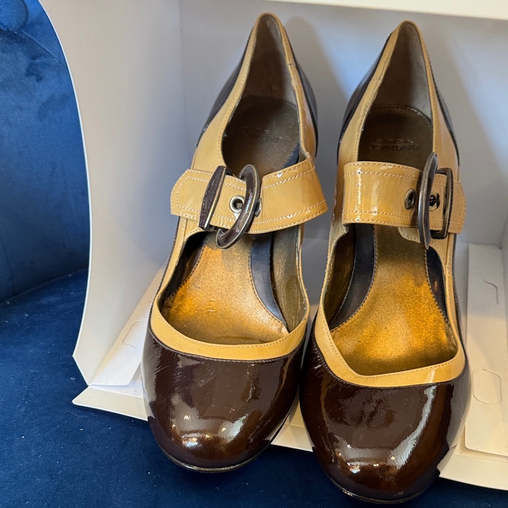 Joan & David CJ Mindy Brown and Tan leather upper Heels